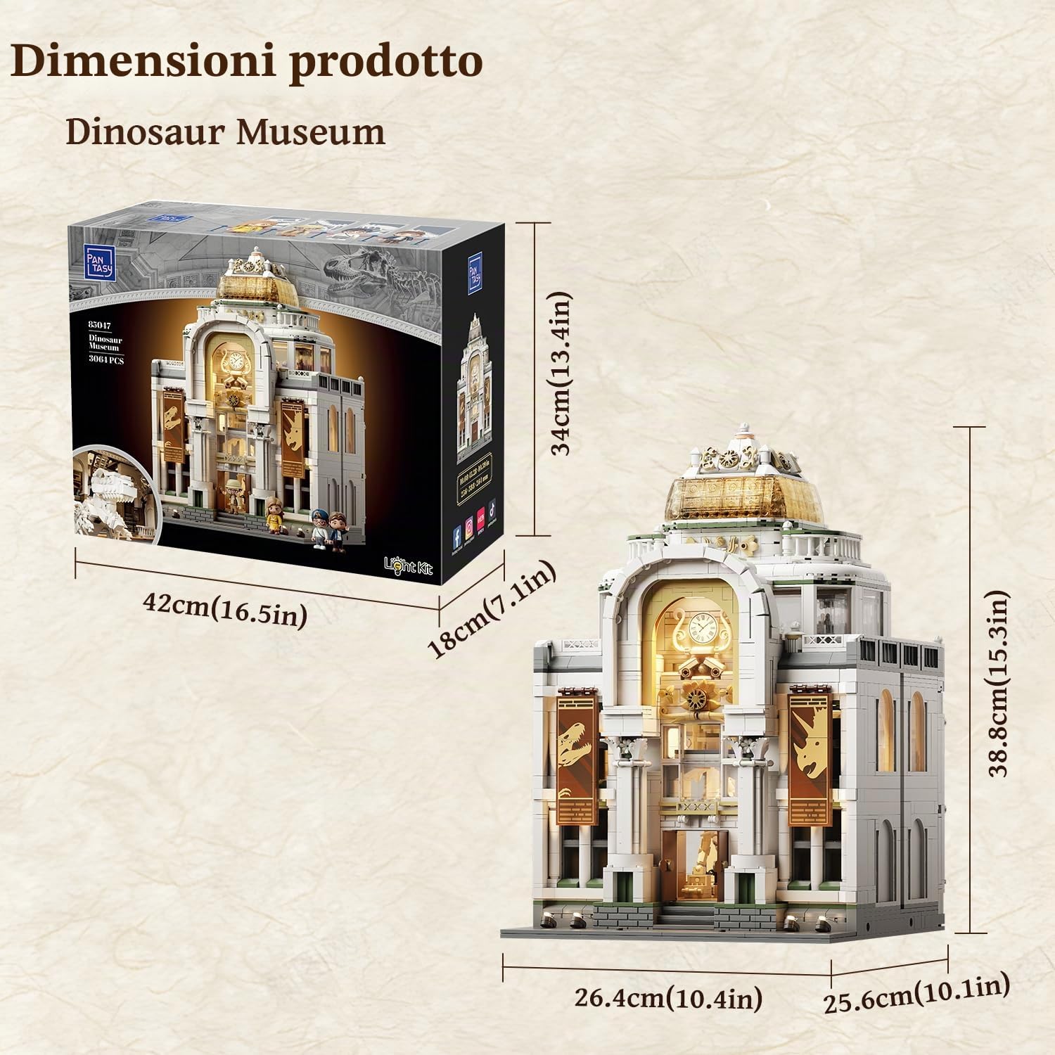 PANTASY Dinosauro Museo Building Set per Adulti, Architettura Illuminata | Museo modulare barocco con 11 luci LED, doppia sala espandibile ed esposizione da collezione compatibile con la strada