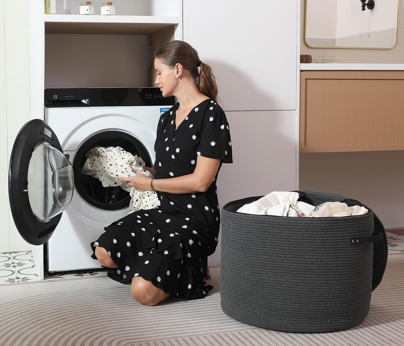 Extra Large Cotton Rope Storage Basket with Lid and Zipper, Versatile Laundry Hamper and Cloth Bin for Clothes, Towels, Blankets, Living Room Organization (All Dark Grey, 20"x15")