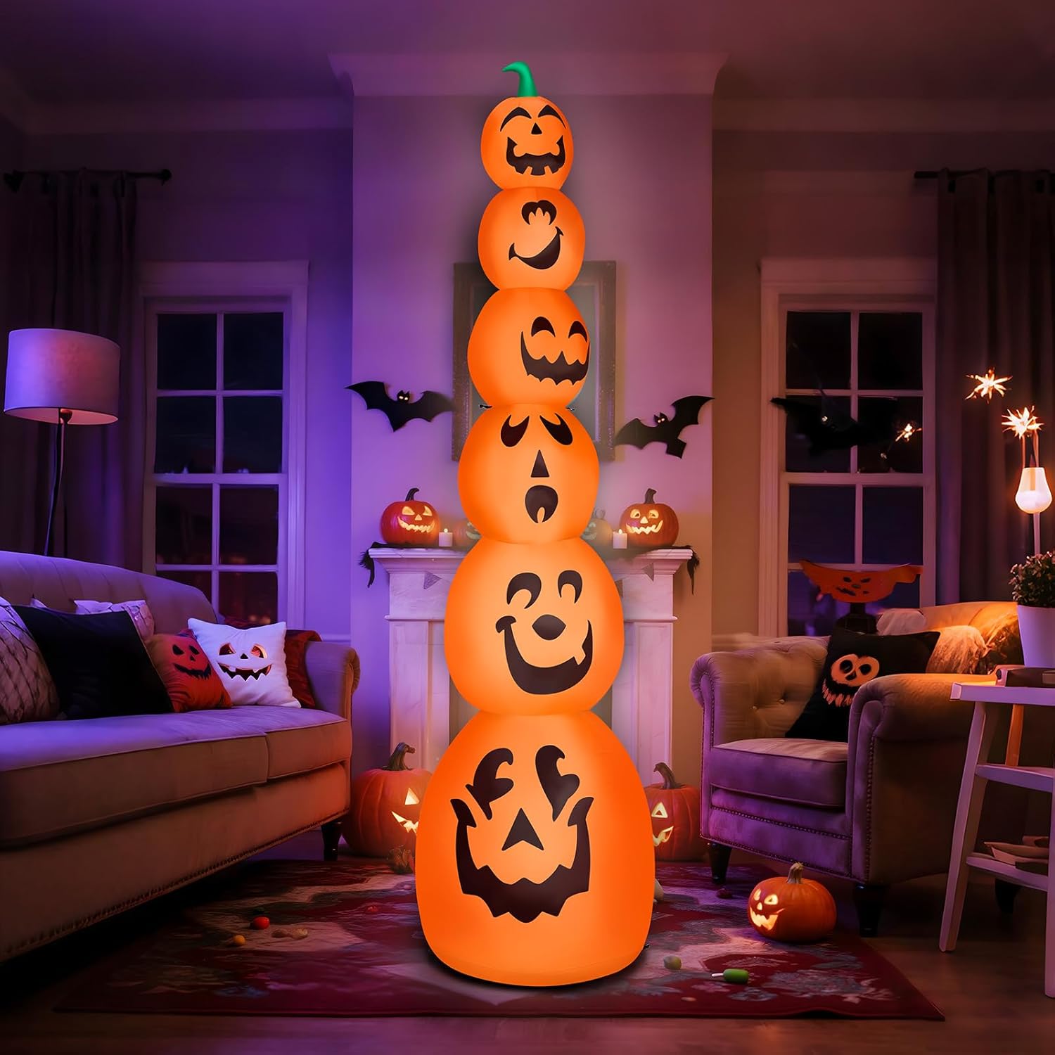 Outvita Halloween Inflatable Stacked Pumpkins 9FT, Blow Up Outdoor Decoration with 6 Pumpkins & LEDs, Halloween Decor for Yard, Party, Garden
