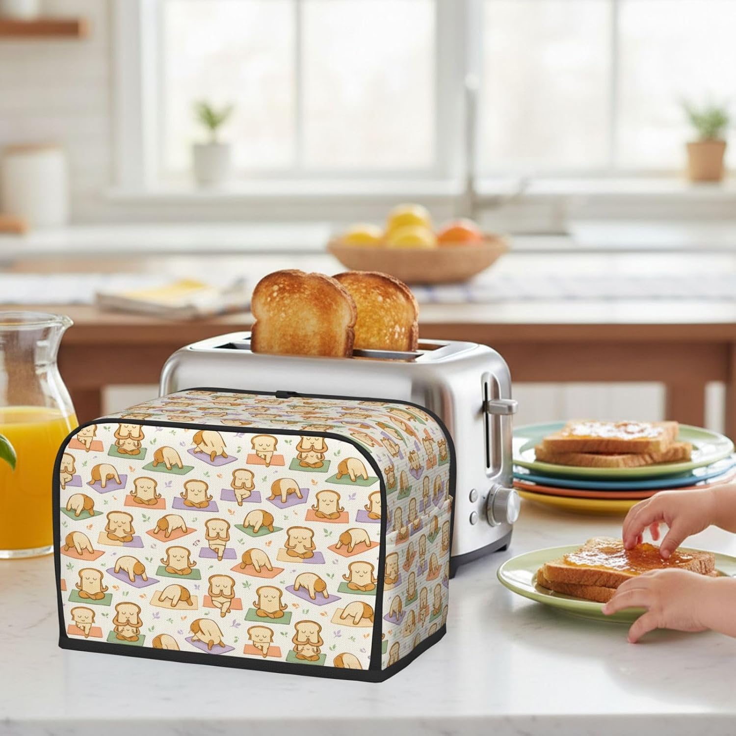 2 Slice Toaster Cover Kawaii Yoga Toast Pattern Water-Resistant Bread Maker Dust Cover with Storage Pocket, Washable Kitchen Appliance Protector, Housewarming Gift, 11.4x7.5x7.9 Inch image 2