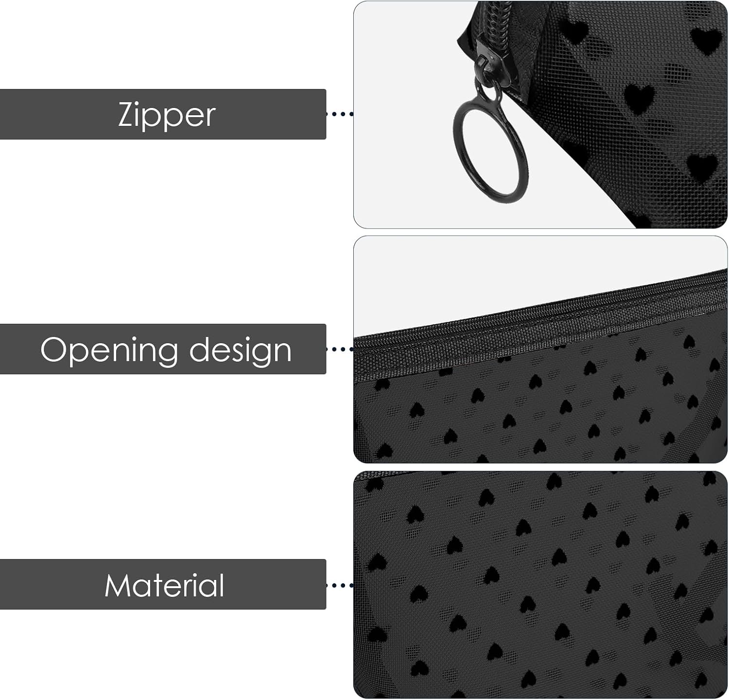 Adorila 4-Piece Heart Print Mesh Makeup Bags, Multi-Size Travel Pouch Set for Purse Organizing, Daily Essentials, Zipper Toiletry Organizers (Black) image 2