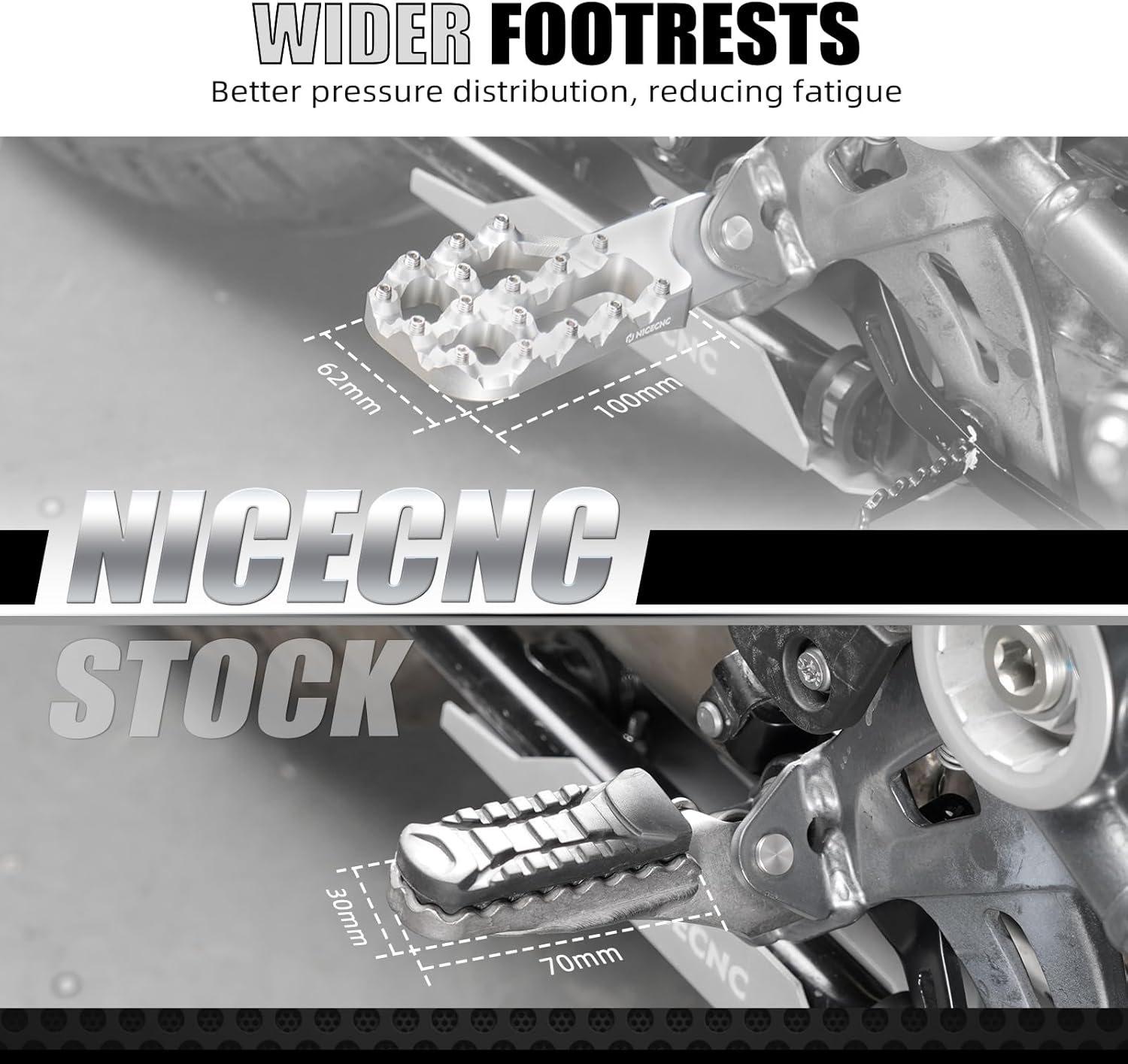 NICECNC Silver Wide Offset Footpegs Footrests Compatible with BMW R1200GS /Adventure 2013-2018 R1250GS 2019-2023 R1250GS Adventure 2019-2024,CNC 6061 Aluminum, Direct Replacement,See Fitment