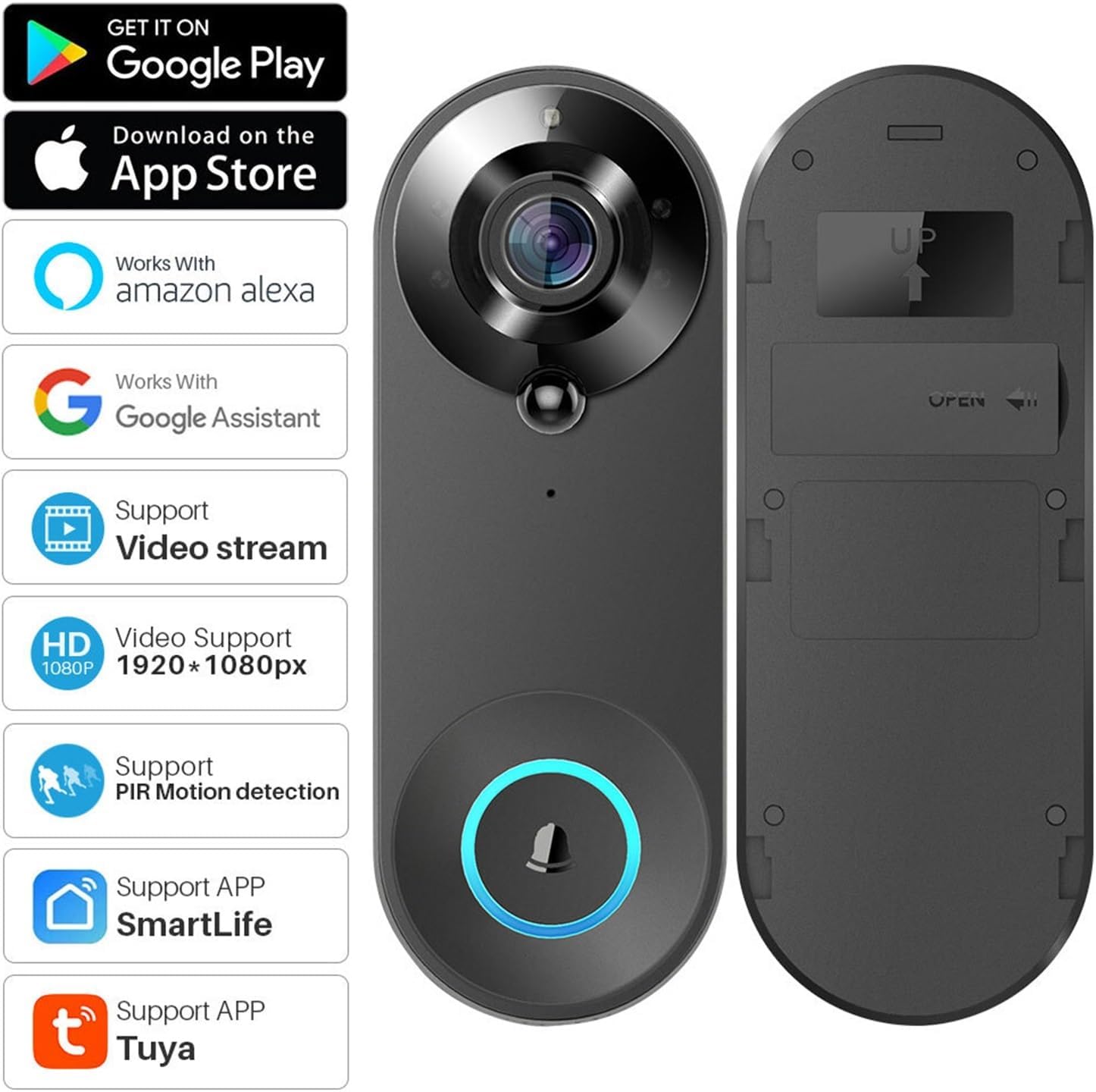 മുന്നിലും പിന്നിലും view of the Tuya Smart Video Doorbell Camera, with icons indicating support for Google Play, App Store, Amazon Alexa, Google Assistant, video stream, 1080P video, PIR motion detection, SmartLife App, and Tuya App.
