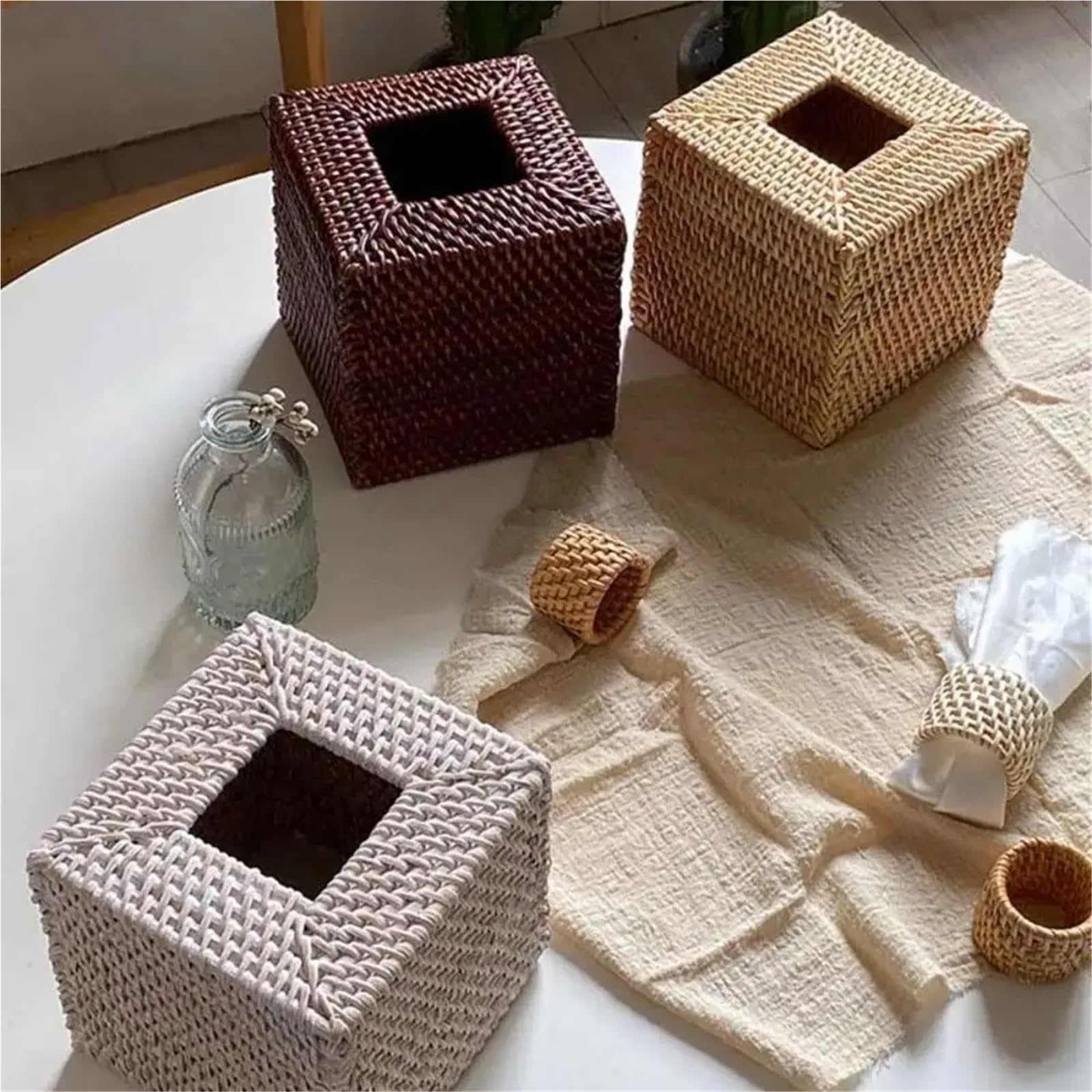 Portatovaglioli, 12 pezzi, realizzati a mano, in rattan, in legno, tinta unita, rustici, naturali, quadrati, decorazione per la tavola (cachi)