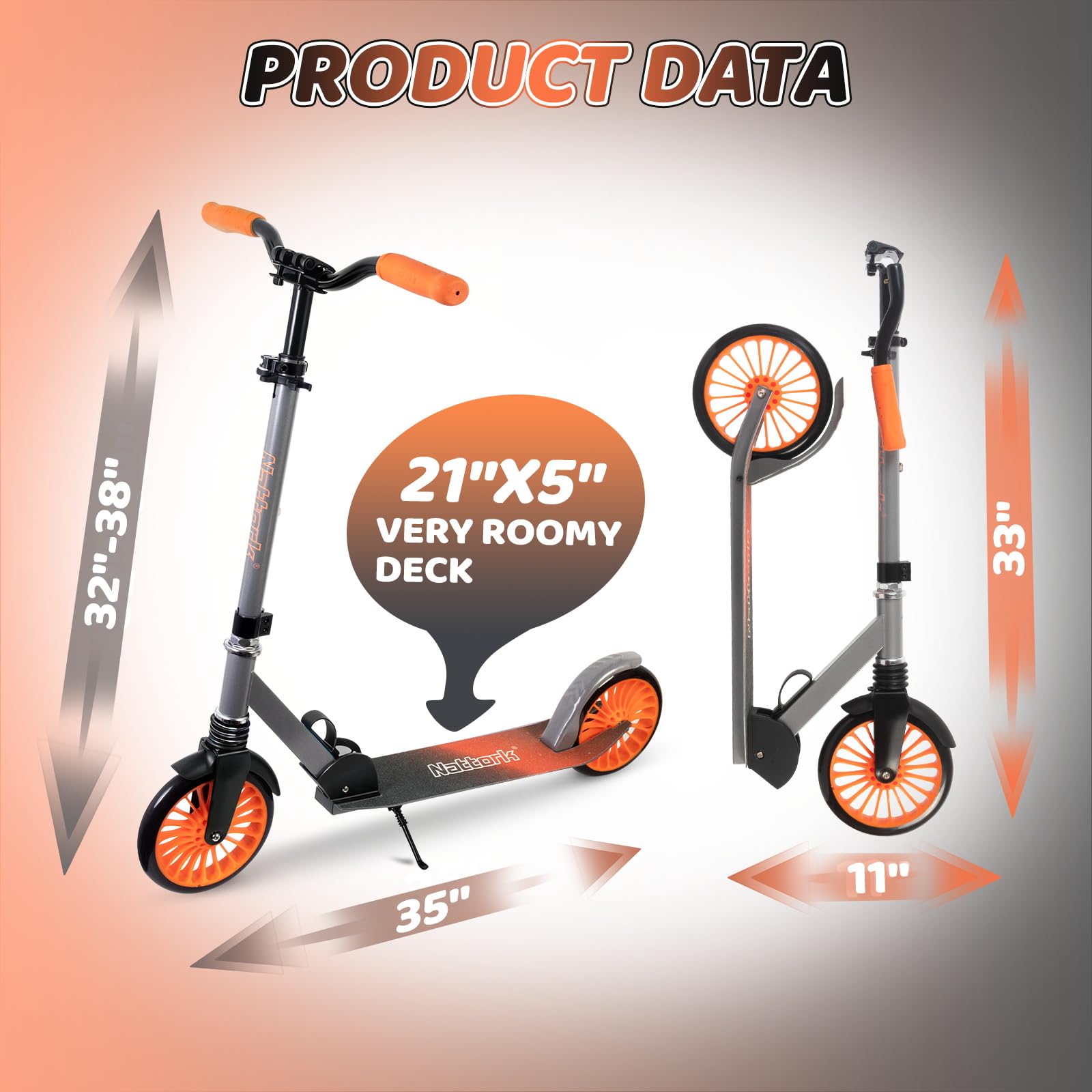 Nattork Kick Scooter - Patinete Infantil de hasta 100 kg, para Adolescentes y Adultos, Patinete Urbano con Altura Ajustable y Plegable, Ruedas Grandes de 200 mm