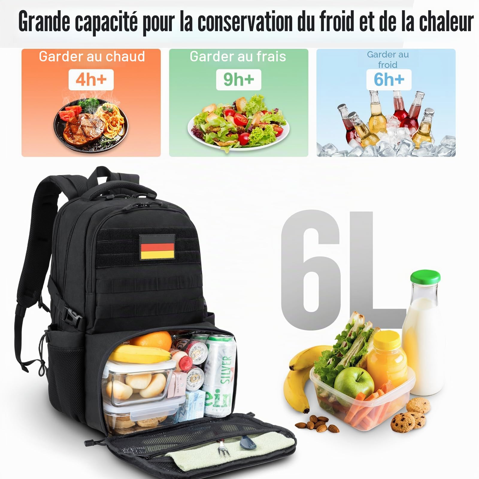 Sac à dos isotherme pour homme avec boîte à déjeuner de 6 L : sac à dos de 40 L pour homme avec compartiment pour ordinateur portable, sac de travail avec boîte à déjeuner sac isotherme pour l'école