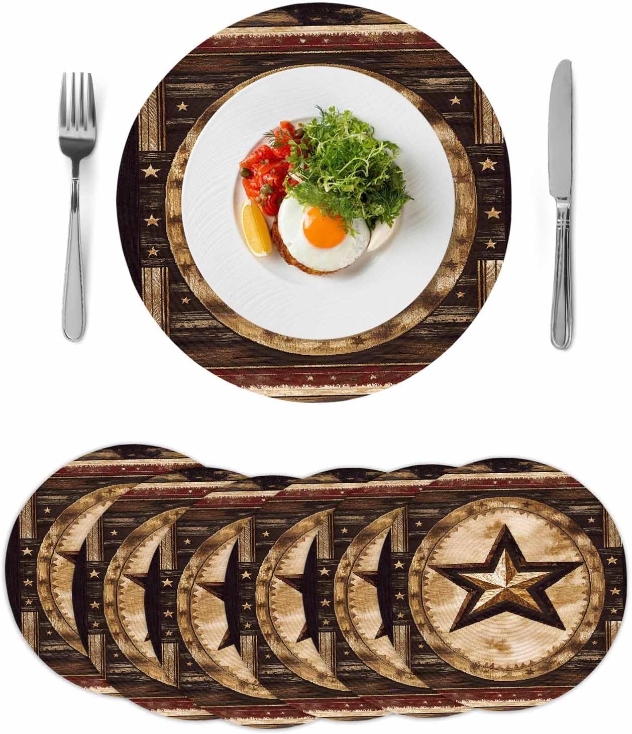Fourth of July Round Braided Placemats Set of 6 Western Star Independence Day Round Placemats for Dining Tables Kitchen Decoration 15 inch Washable Memorial Day Round Table Mats