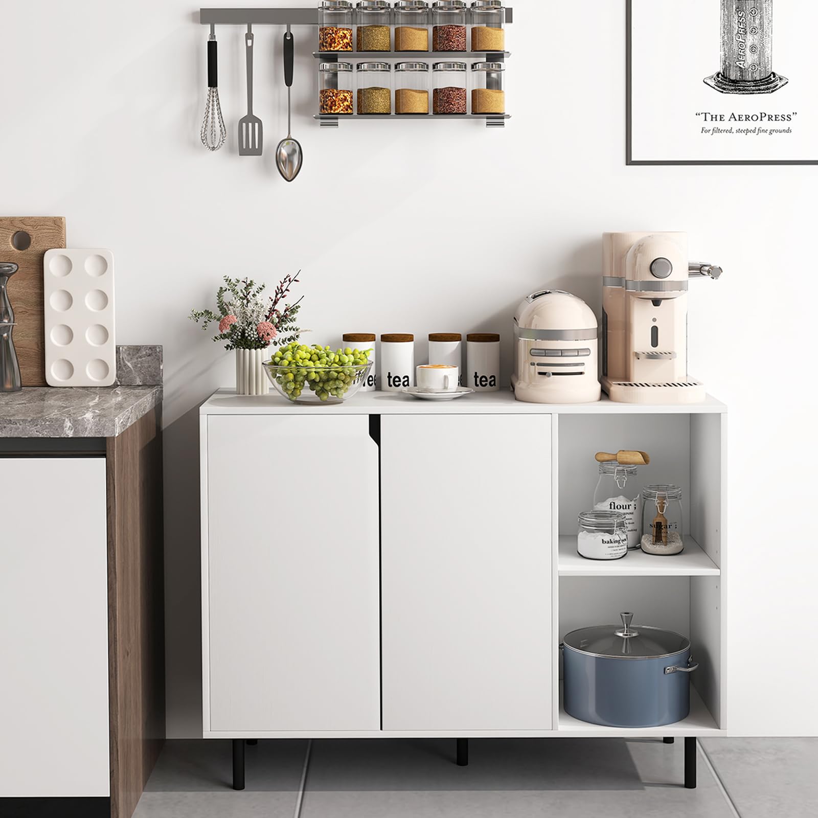 COSTWAY Drewniana komoda z 4 półkami i 2 drzwiami, szafka bufetowa, szafka kuchenna, regulowane półki, nowoczesna szafka, 106 x 38 x 80 cm (biała)