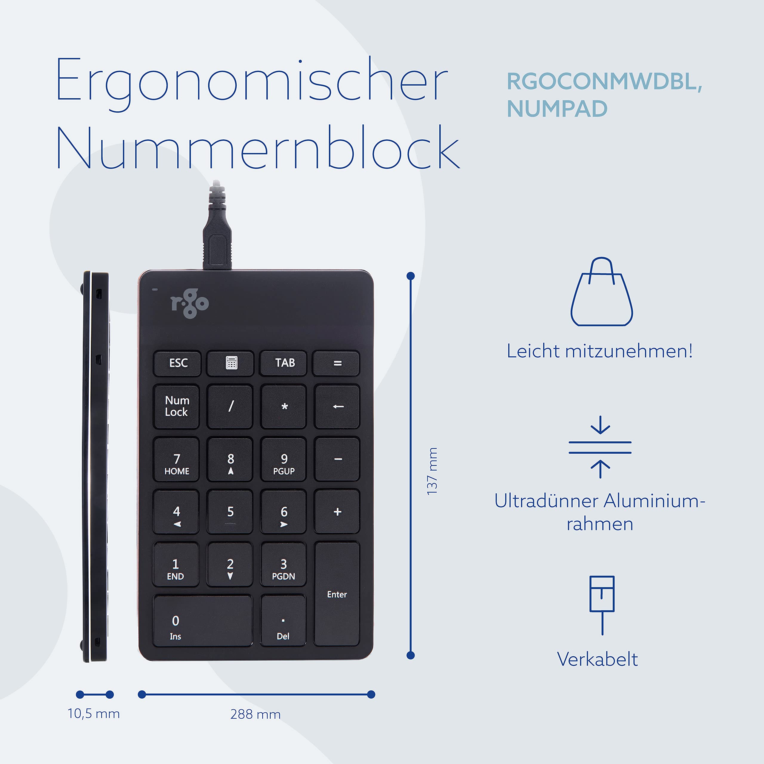 R-Go Tools R-Go Numpad Break, Numerische Zusatztastatur mit USB-Anschluss, Kabelgebunden, Schwarz, RGOCONMWDBL
