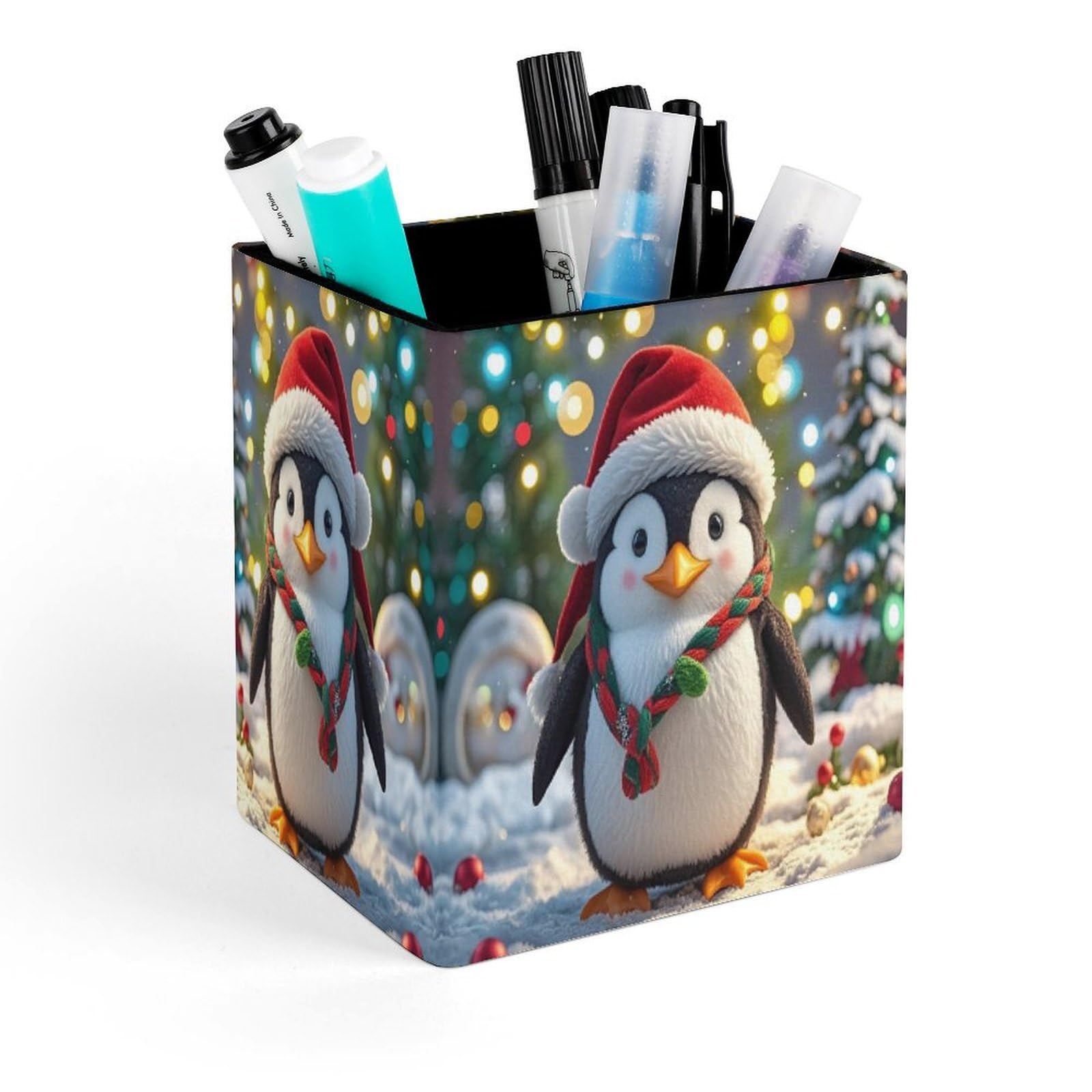FekiLoot Christmas Funny Penguin Pencil Holder for Desk Square Leather Pen Holder Cup Desktop Organizer Multi-Functional Pencil Cup Holders Modern Decorative Desk Organizer Caddy Makeup Brush Holders