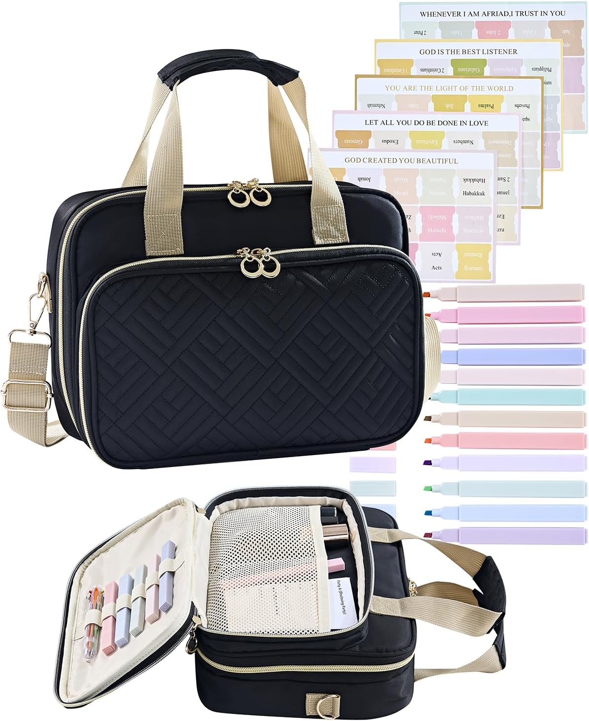 Bible Cover for Women Bible Case Carrying Cases Bible Study Supplies Kit, 12 Highlighters & 75 Tabs, Large Bible Bag Journaling Kit Valentines Mothers Day Christian Gift for Teens - Black