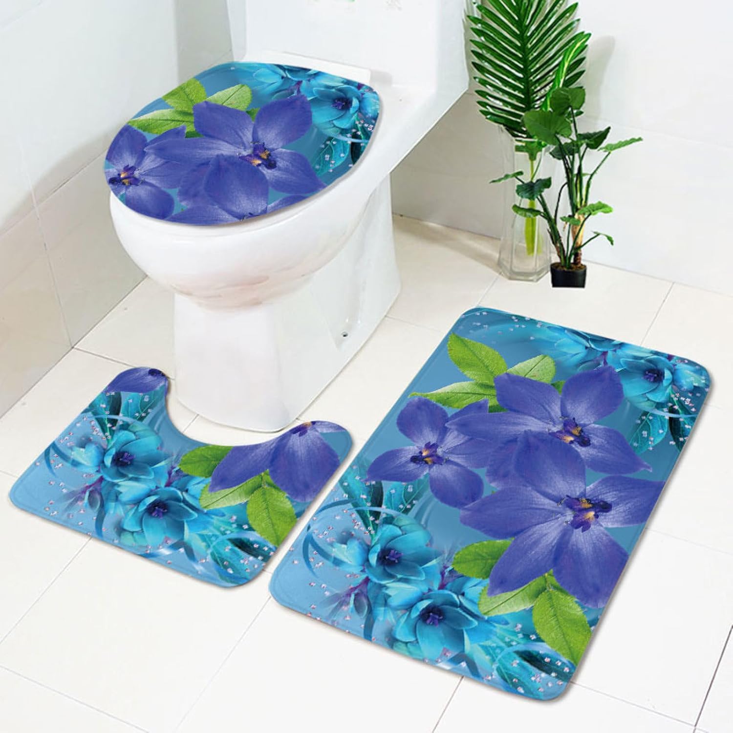 Set di tappetini da Bagno 3 Pezzi Blu Fiori Viola Antiscivolo per Bagno Tappeto Lavabile in Memory Foam Tappeto copriwater tappetini a Forma di U 50x80 cm