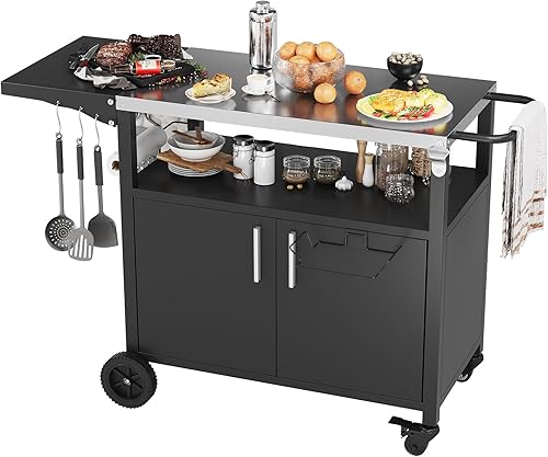JY QAQA - Carrito de parrilla para exteriores con almacenamiento, isla de cocina para patio, mesa de parrilla al aire libre con ruedas, carrito de