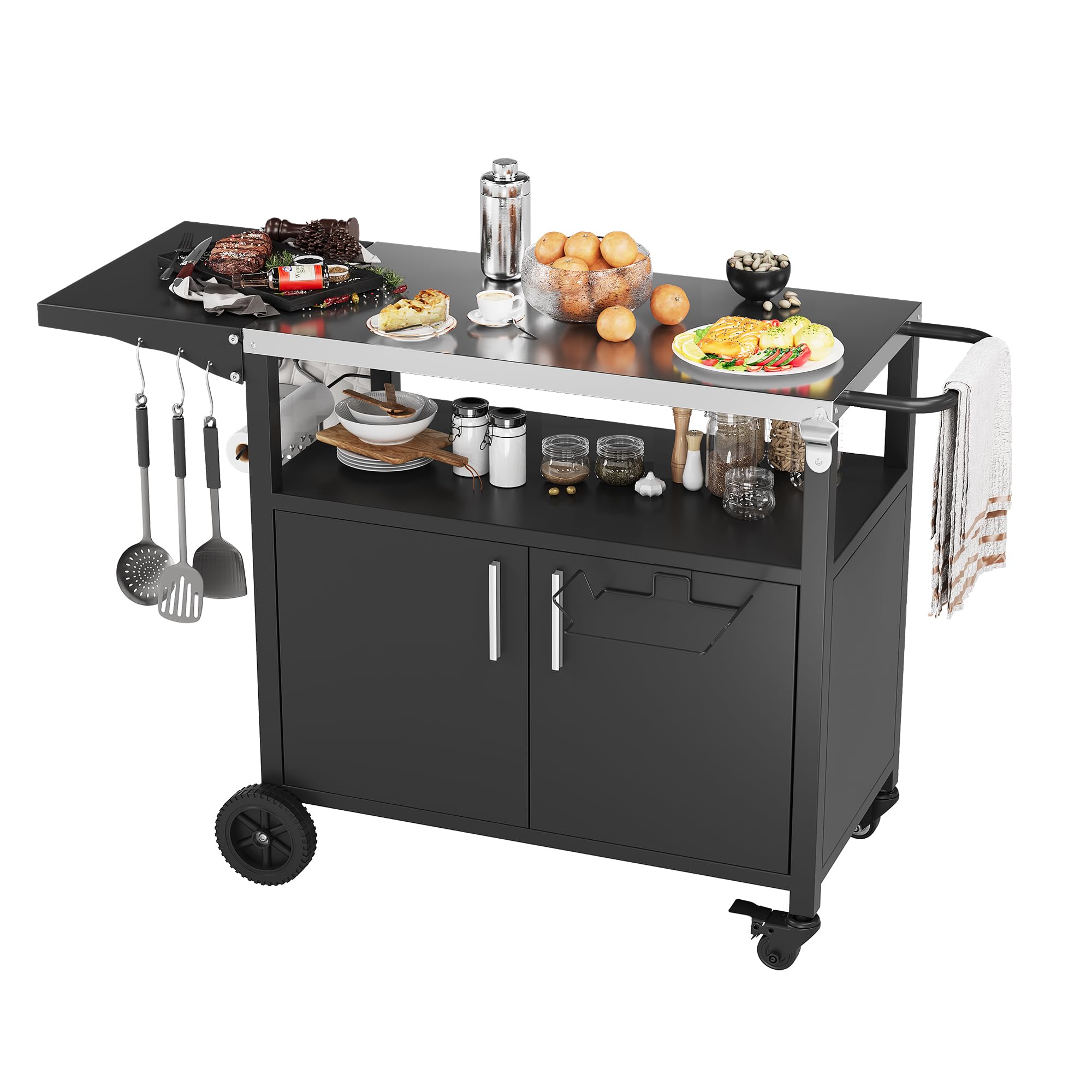 JY QAQA Outdoor Grill Cart with Storage,Patio Kitchen Island Outdoor Grill Table with Wheels,BBQ Cart Movable Pizza Oven Table Stand, Storage Cabinet,