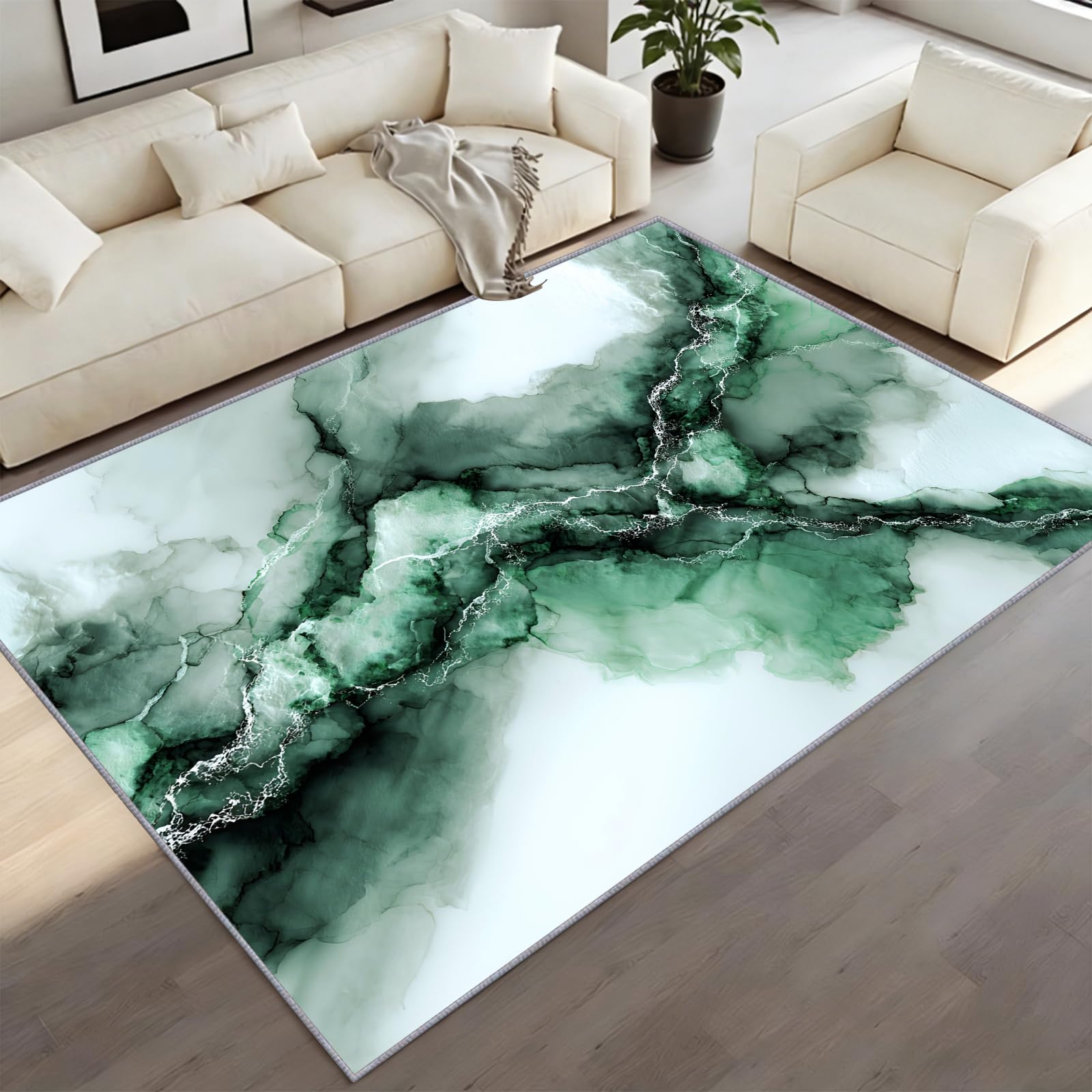 CAQDUEP Marble Area Rug 60x120cm Luxury Emerald Marble Rug, Modern Abstract Rugs Ink Wash Minimalist Rugs Washable Non-Slip Carpet For Living Room Bedroom