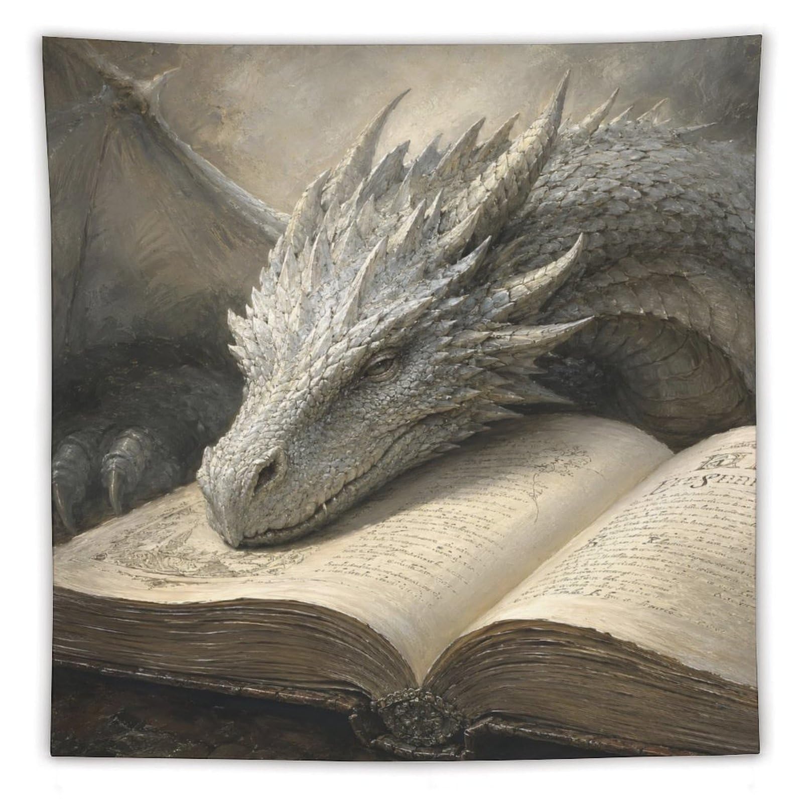 W7C8U2X3 Silver Dragon Resting on Open Book Wall Tapestry, Apartment