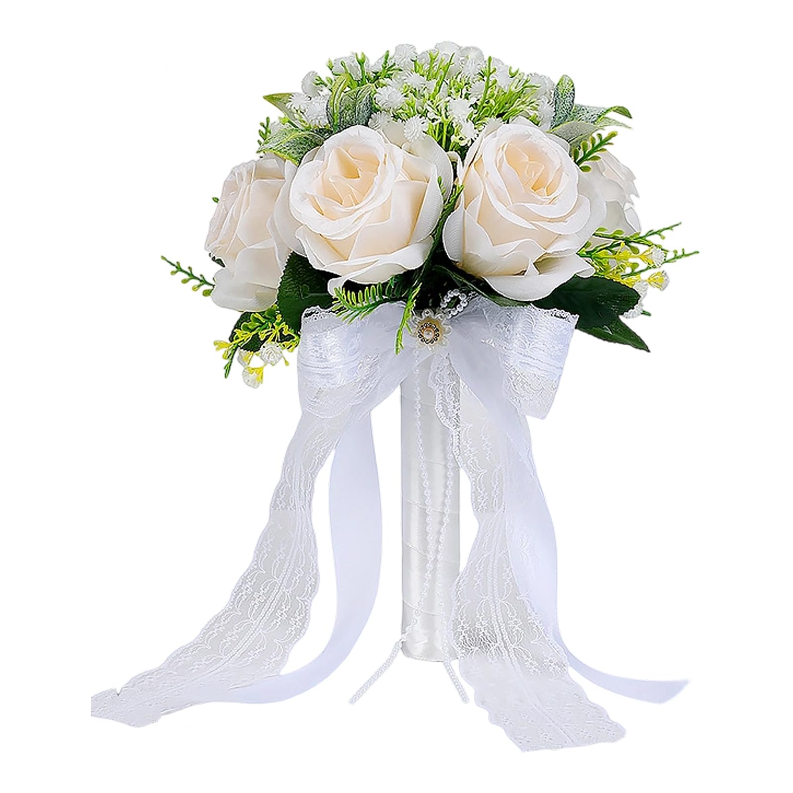Rose Bouquet Bridal Arrangement White Shades Low Care Wedding Flower Arrangement for Bride Rose Bouquet Artificial White Roses for Ceremony Rehearsal Reception Enduring Keepsakes Low Care Artificial