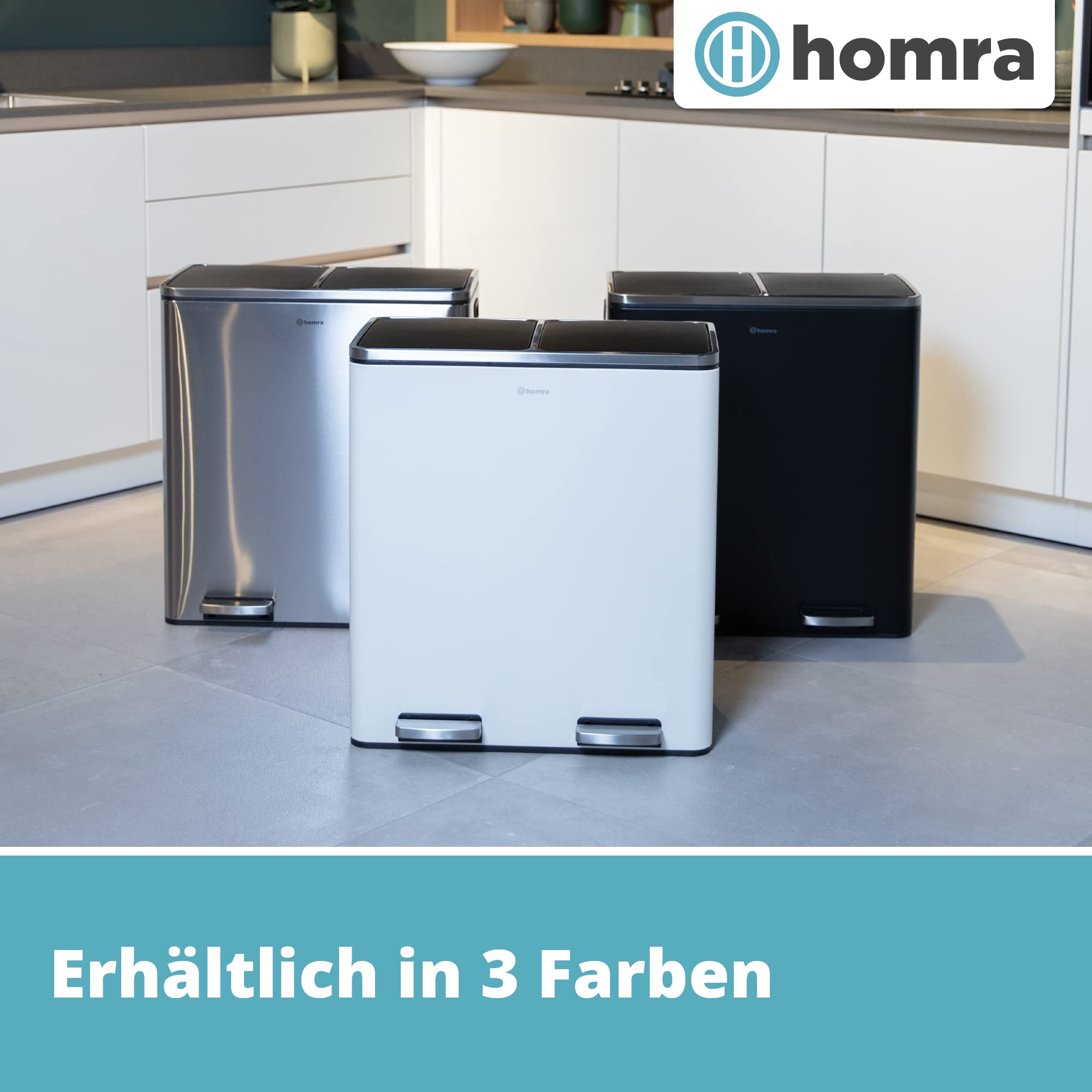 Homra Mülleimer 60l Quickx | Tretmülleimer Küche 2x30 Liter | Treteimer aus Edelstahl | Abfalleimer mit Inneneimern | Trennsystem 2 Fach | Mülltrennsystem | Papierkorb | Softclose | Schwarz