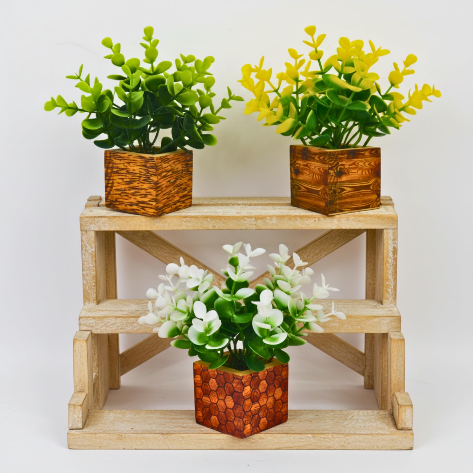 DecoreBugs Artificial Eucalyptus Mini Potted Fake Plants, Wooden Pot, for Home Décor, Office Desk, Tabletop, Wall Shelves, Pack of 3