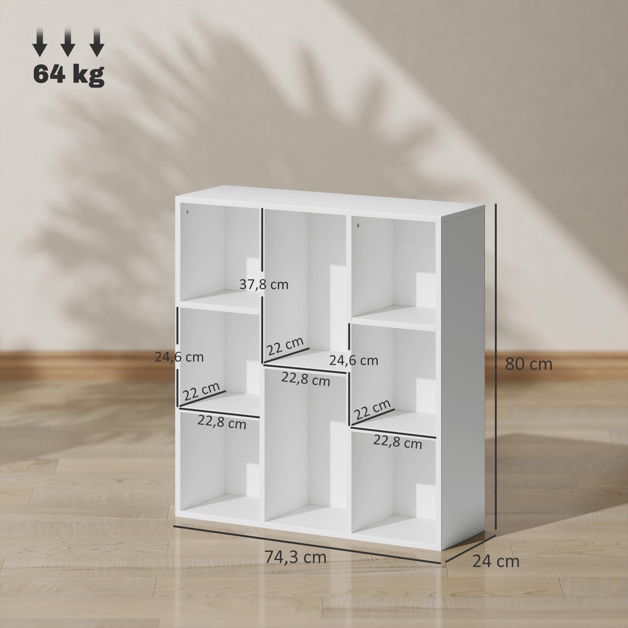 HOMCOM Bibliothèque, étagère de Rangement, Meuble de Rangement avec 8 Compartiments, pour Salon, Chambre à Coucher, Bureau, 74,3 x 24 x 80 cm, Blanc