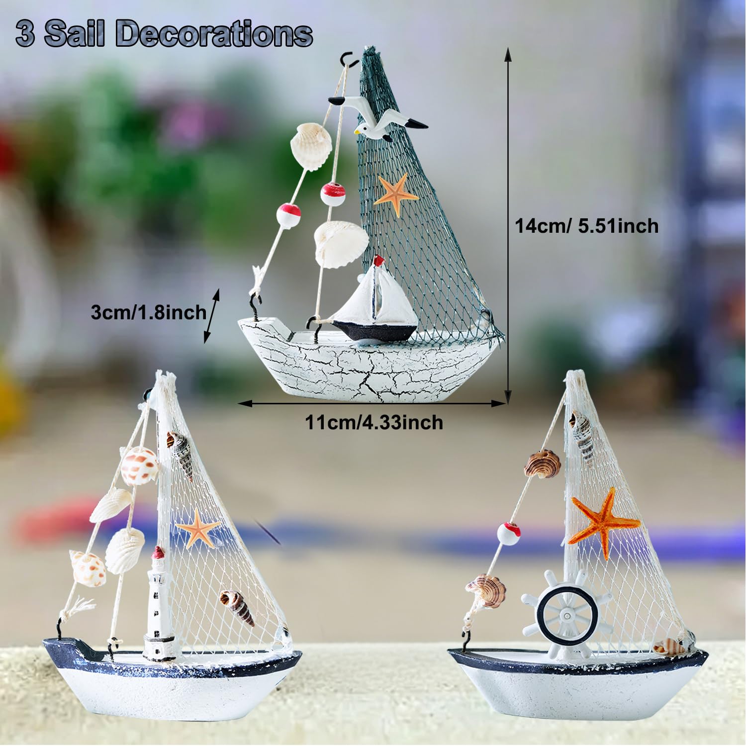 Maritime Badezimmer Deko,3er Set Segelboot Deko,Ruder Muscheln Seestern Seevögel Geeignet Klein Segelboot für Wohnzimmer Schlafzimmer Badezimmer Büro Dekoration(Nautische segelboot)