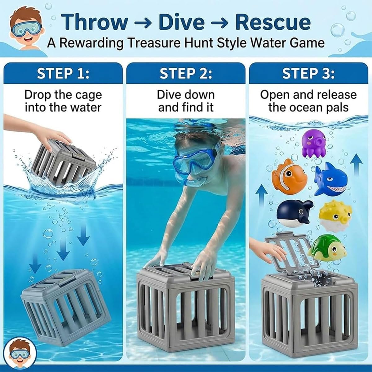 Underwater Dive Rescue Toys, Pool Diving Toys with Storage Fish Box, Diving Cages Toy with Animals Floating, for Swim Training, Beach Lake Bath Summer Party Gift (2Sets)