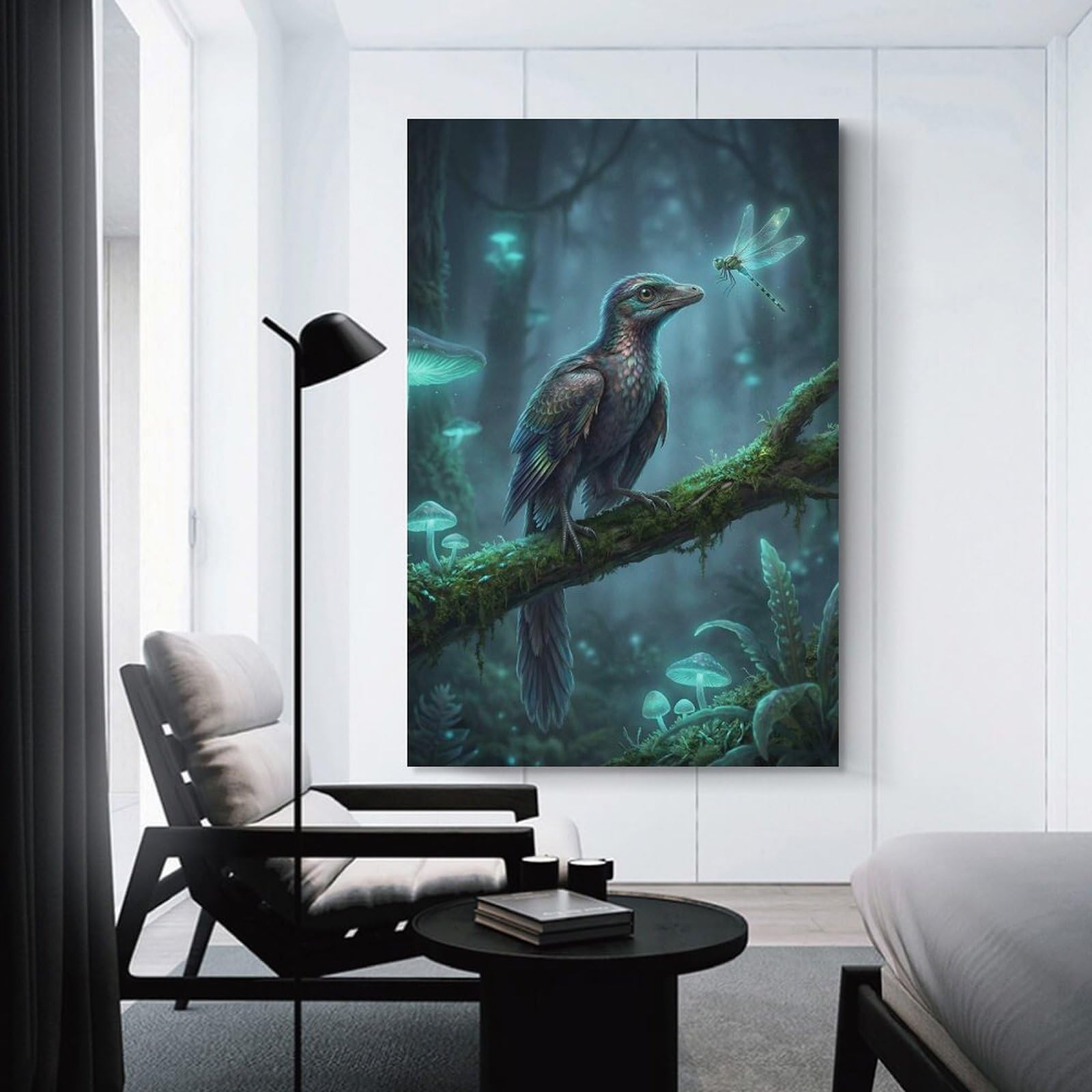 Junmoney Room Decor Wall Art Archaeopteryx And Dragonfly in Enchanted Forest, 08x12inch(20x30cm), for Workspace Walls, Study Corners Or Bedrooms, A Smart Decor Choice for Study Walls