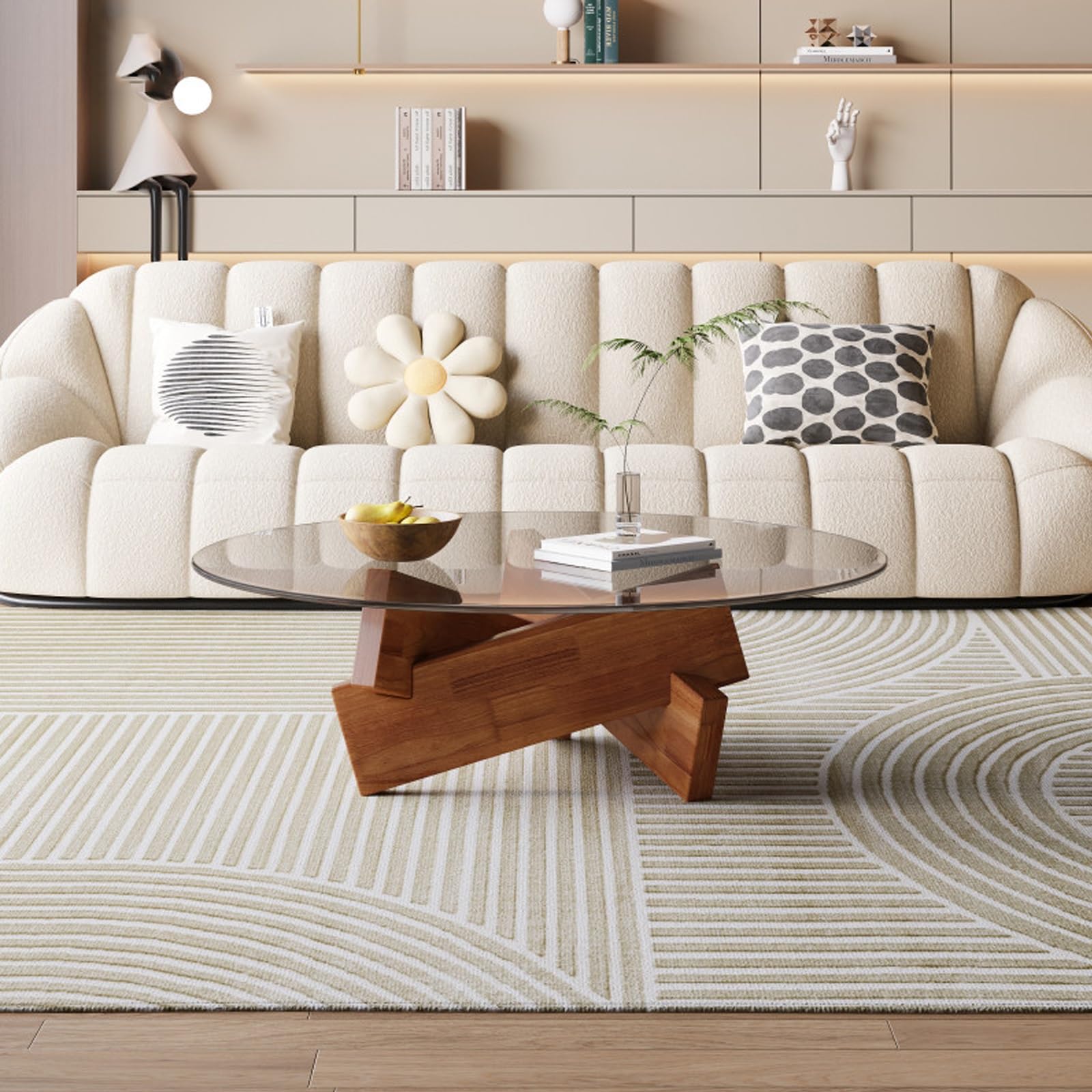 Okrągły szklany stolik kawowy z drewnianymi nogami, blat ze szkła hartowanego, solidna podstawa, minimalistyczny design, idealny do mieszkania lub biura, łatwy częściowy montaż