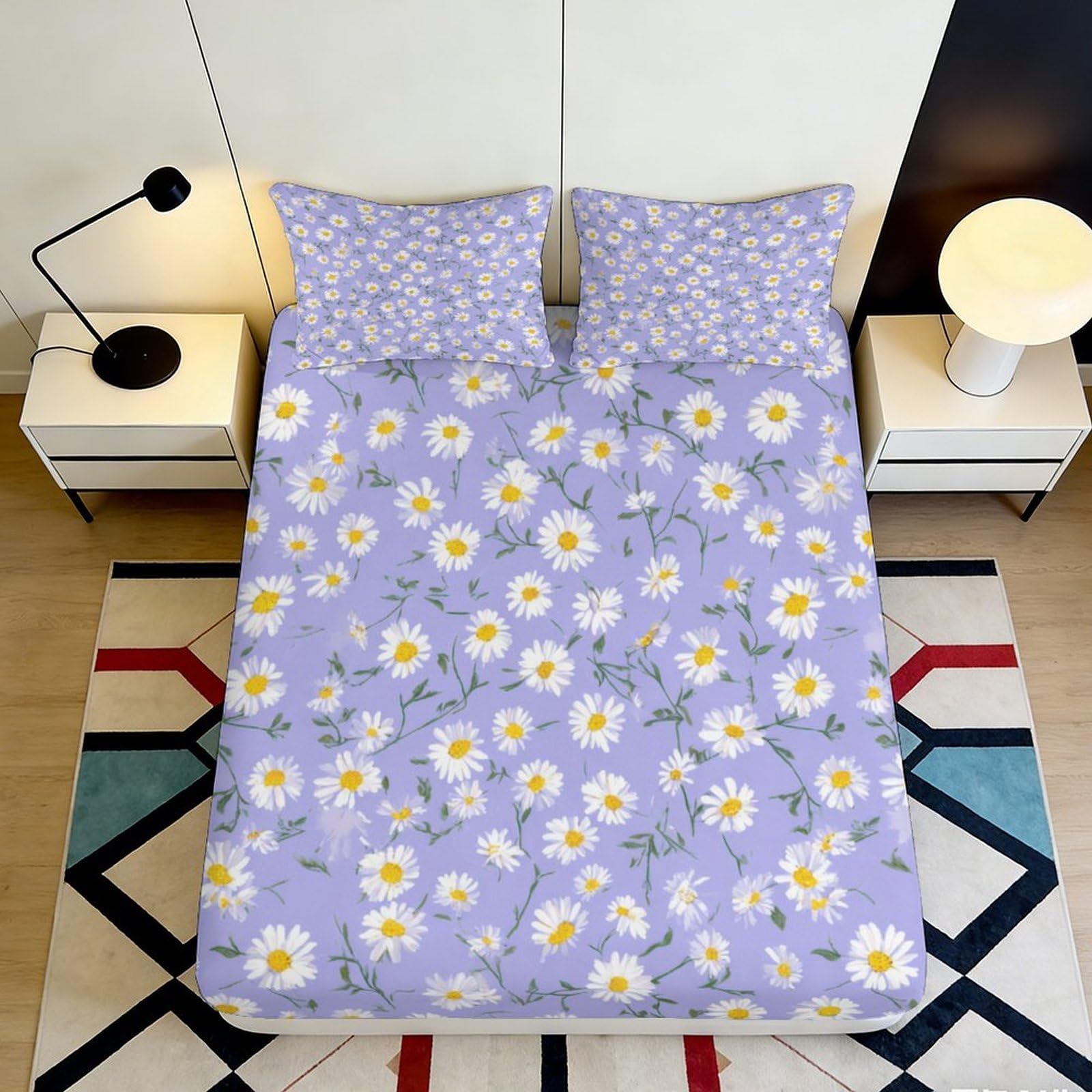 3D Printed Daisy Blossom Fitted Sheet Microfiber Anti-Slip Lavender Floral Mattress Cover Bedroom Decor Easy Care 160x200x25cm