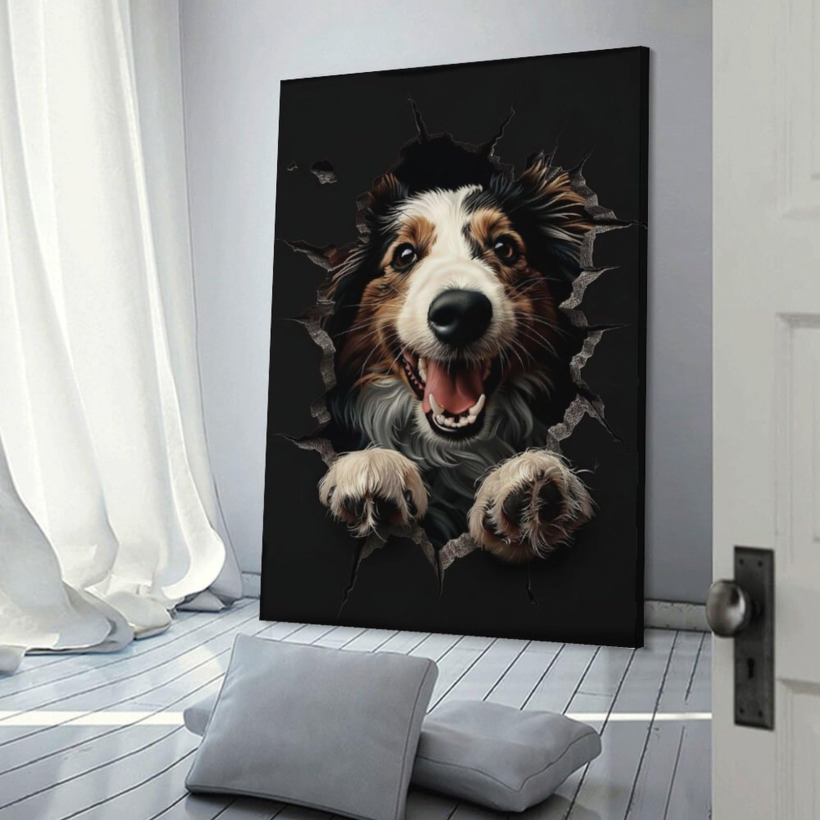 Junmoney Dog Breaking Through Wall Art Print Wall Art Print 16x24inch(40x60cm), for Hallway, Entryway Or Landing, A Neat Decor Update for Hallways, for Everyday Interiors