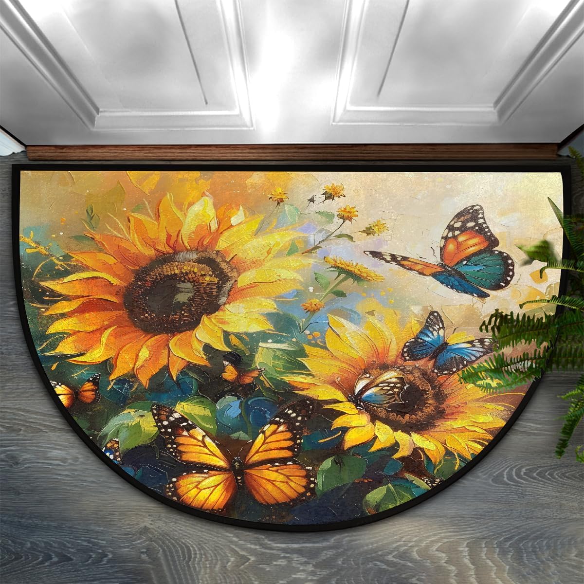 Flower Sunflowers Butterfly Half Round Door Mat Non Slip Washable Semi Circle Area Rug Absorbent Soft Half Moon Rug Floor Mat for Indoor Outdoor Kitchen Bathroom Patio Front Door Mat Decor