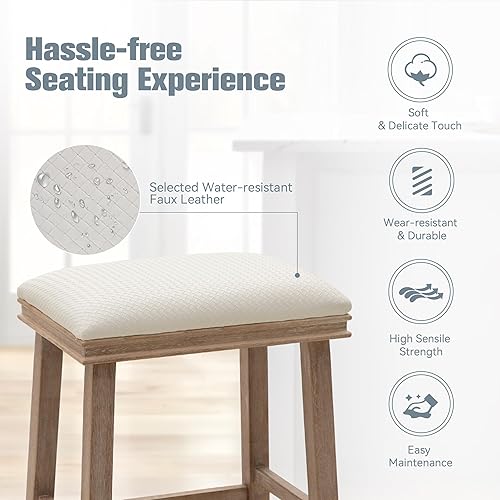 Miniatura 5 de Juego de 4 taburetes de bar de madera maciza blanca para encimera de cocina, taburetes de bar costeros con taburetes tapizados de piel sintética
