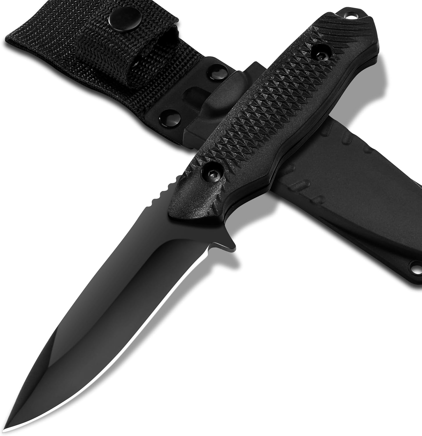 Plys Camping Knife, Black Fixed Blade Outdoor Knives, Full Tang Survival Knife with Plastic Sheath, Hunting Essentials