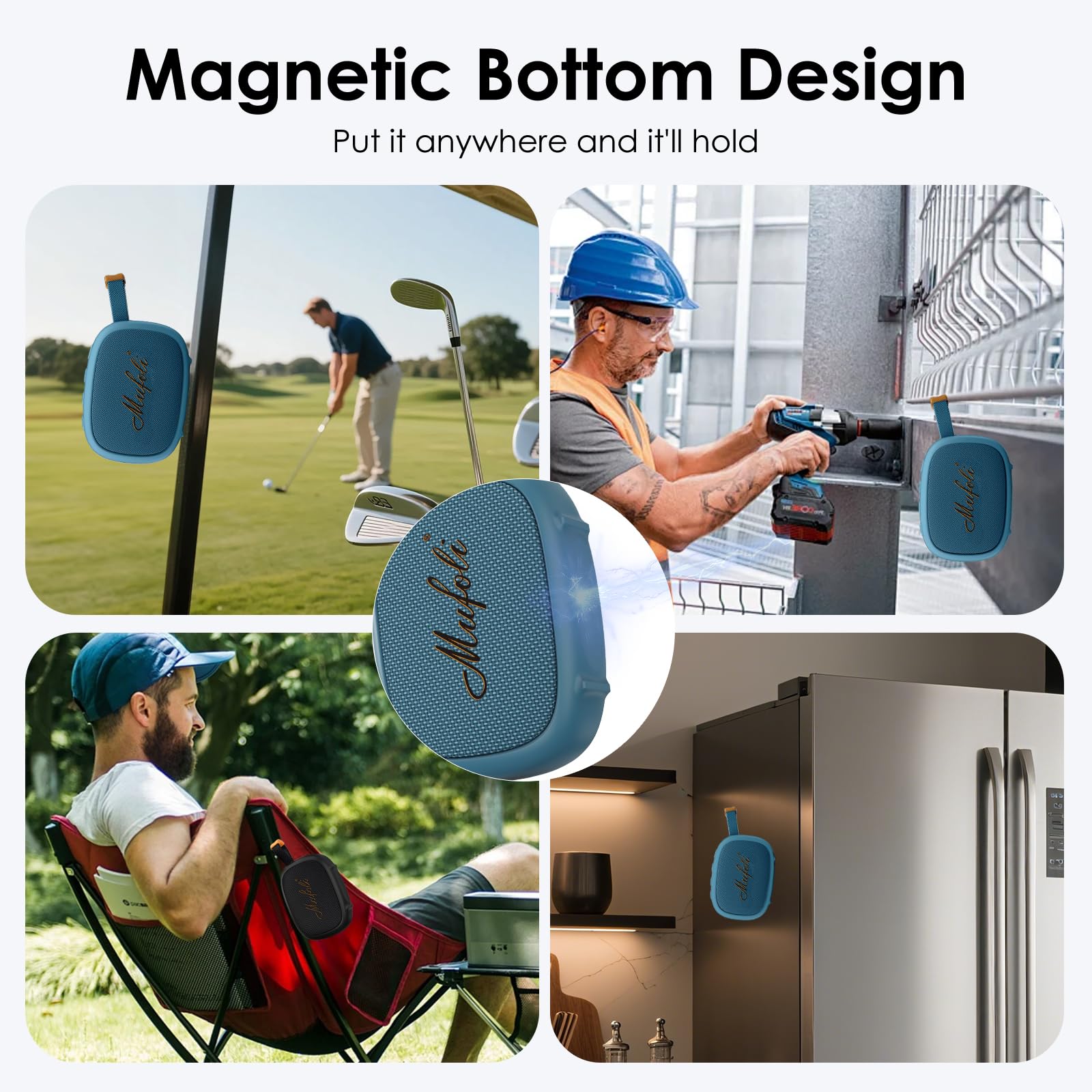 Mufoli Altavoz Bluetooth magnético, mini altavoz portátil, hasta 16 horas de reproducción, IP67 impermeable y resistente al polvo, sonido potente, para interiores y exteriores, senderismo (MF16-BL)