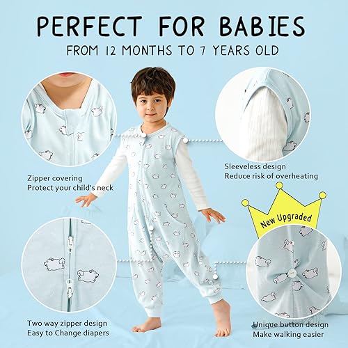 Miniatura 2 de WONDAY Saco de dormir para niños pequeños con pies, sacos de dormir de 0.5 tog para caminar con piernas de 12 a 18 meses, 2T