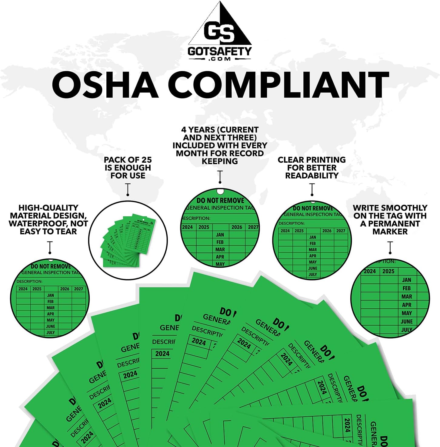 GOTSAFETY General Monthly Inspection Tags - [25 Pack] for Indoor Or Outdoor Use, 4-Year Inspection Record [2026-2029] 2 3/4" X 5" UV/Waterproof, Extremely Durable Performance NeverTear (Green)