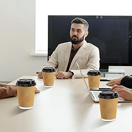 Lamosi 12 oz Disposable Coffee Cups with Lids, 50 Pack Insulated Hot Cups To Go Paper Coffee Cups with Lids and Straws, Corrugated Ripple Wall Cup for Hot Drink, Office, Coffee Bar (Champagne)