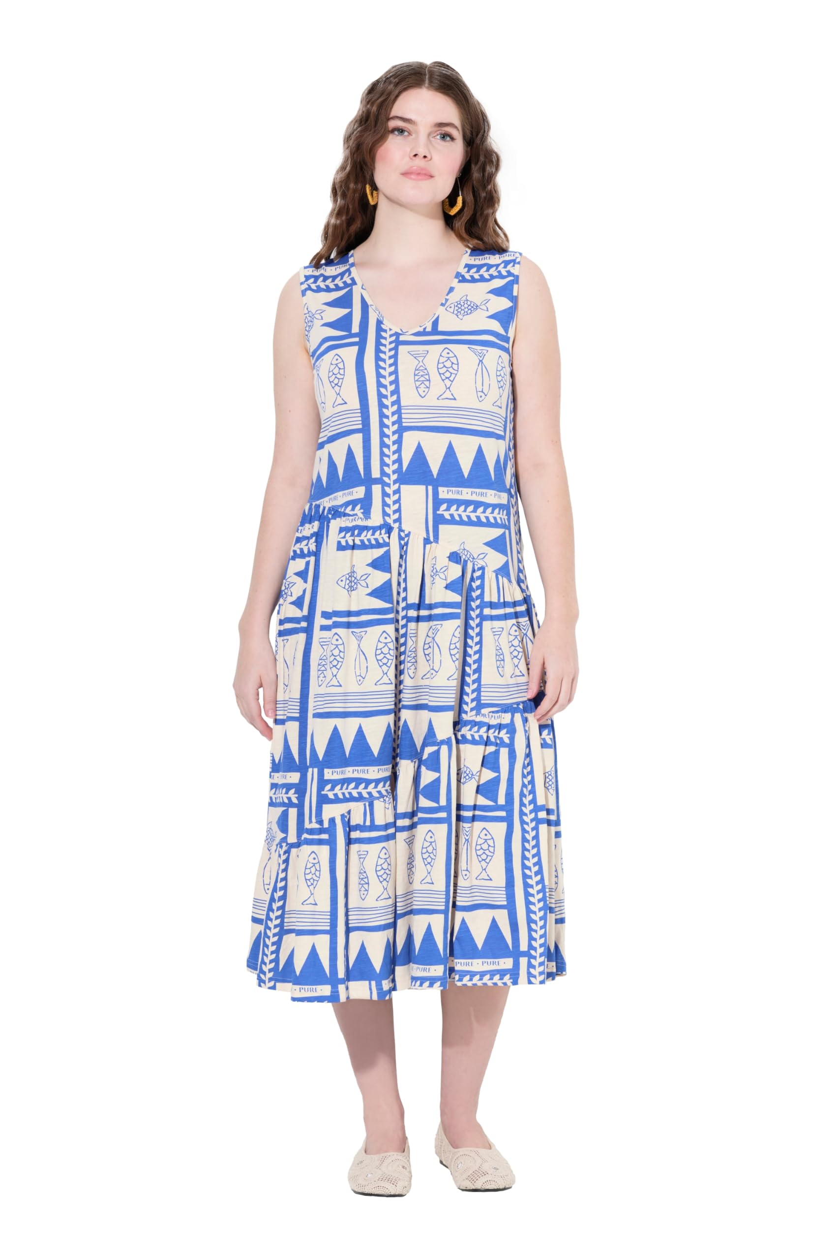 Ulla Popken Damen große Größen Übergrößen Plus Size Midikleid, Jersey, Fische, V-Ausschnitt, ärmellos, Biobaumwolle 838885