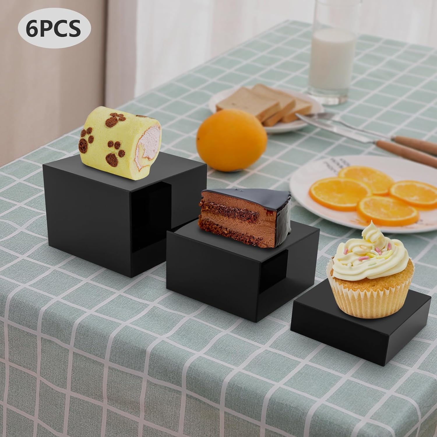 Set Of 6 Acrylic Display Boxes, Cube Display Box Risers, Acrylic 5 Sided Display Nesting Risers with Hollow Bottoms, Buffet Table Food Risers for Showcase Cakes Collectibles Toys, 6" x 7" x 8" (Black)