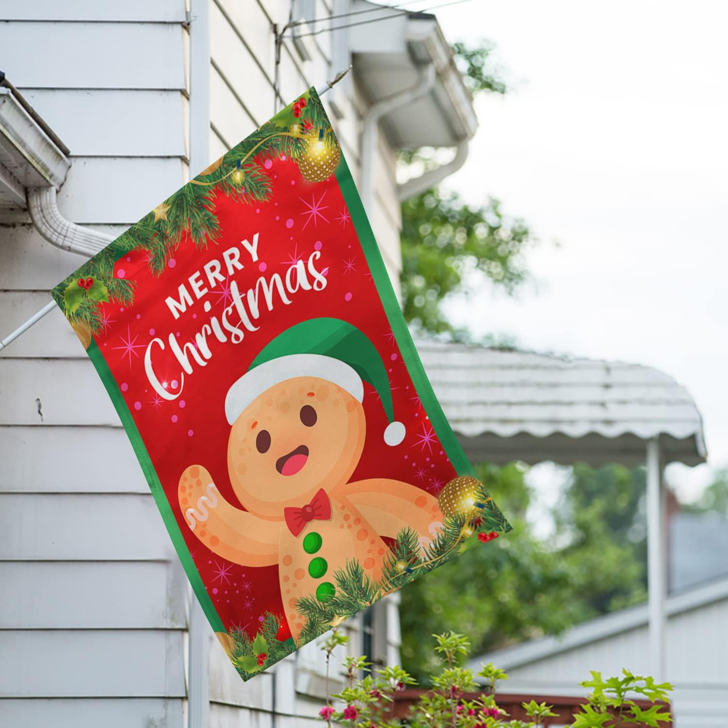 America Forever Merry Christmas Gingerbread Man House Flag 28 x 40 Inch Double Sided Outdoor Yard Decorations Winter Holiday Cookie Candy Cane Red