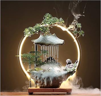 Buddha Water Fountains Indoor and Waterfalls with 2 Buddha Statues Mist Water Fountain with Backflow Incense Holder for Feng Shui Meditation Strees Relief Japanese Decor Wealth Boom