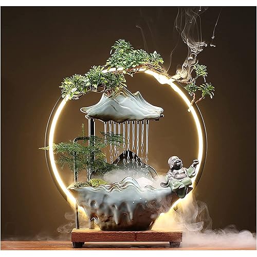 Buddha Water Fountains Indoor and Waterfalls with 2 Buddha Statues Mist Water Fountain with Backflow Incense Holder for Feng Shui Meditation Strees Relief Japanese Decor Wealth Boom