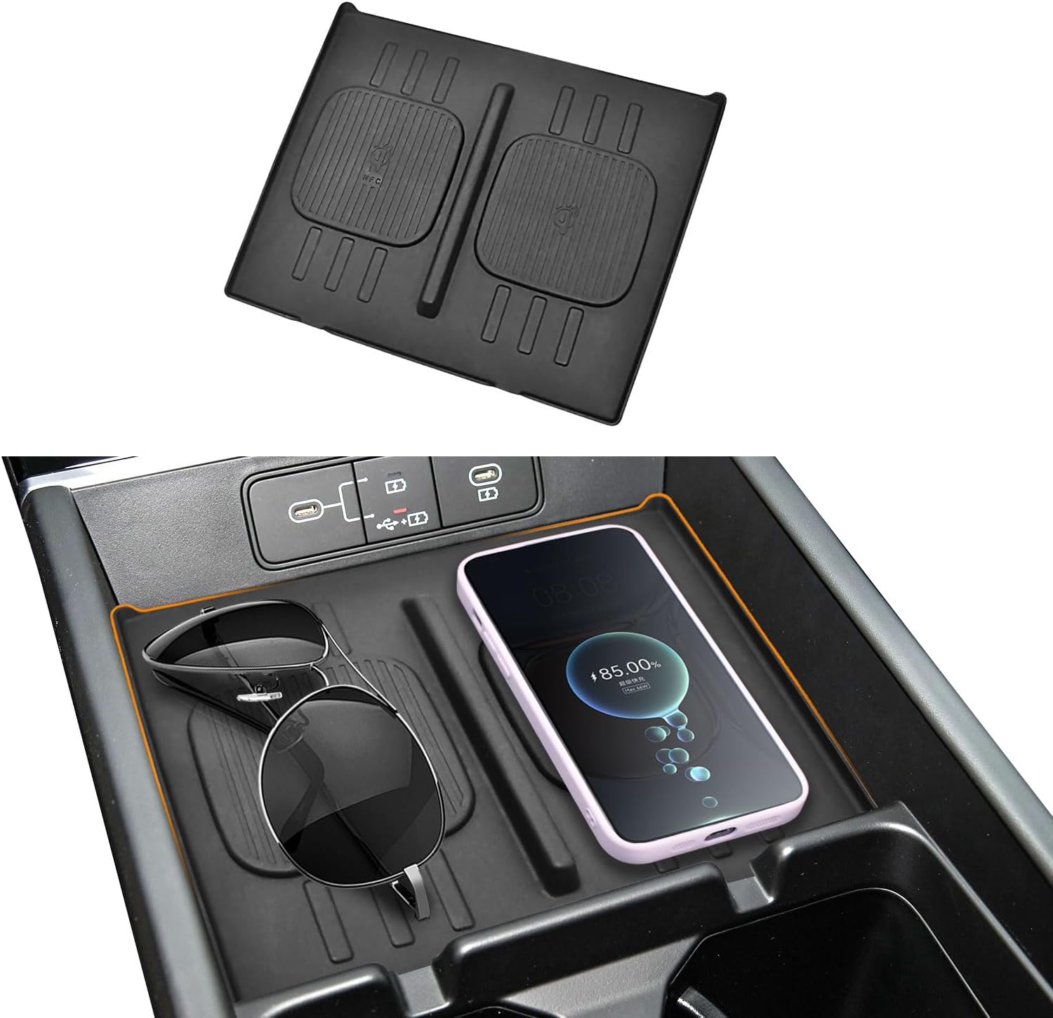 TPE Anti-Slip Cup Holder Insert & Silicone Wireless Charging Non-Slip Mat 2pcs for 2024 2025 2026 Toyota Grand Highlander Accessories Anti-Drop & Anti-Rattle for Grand Highlander Hybrid Black