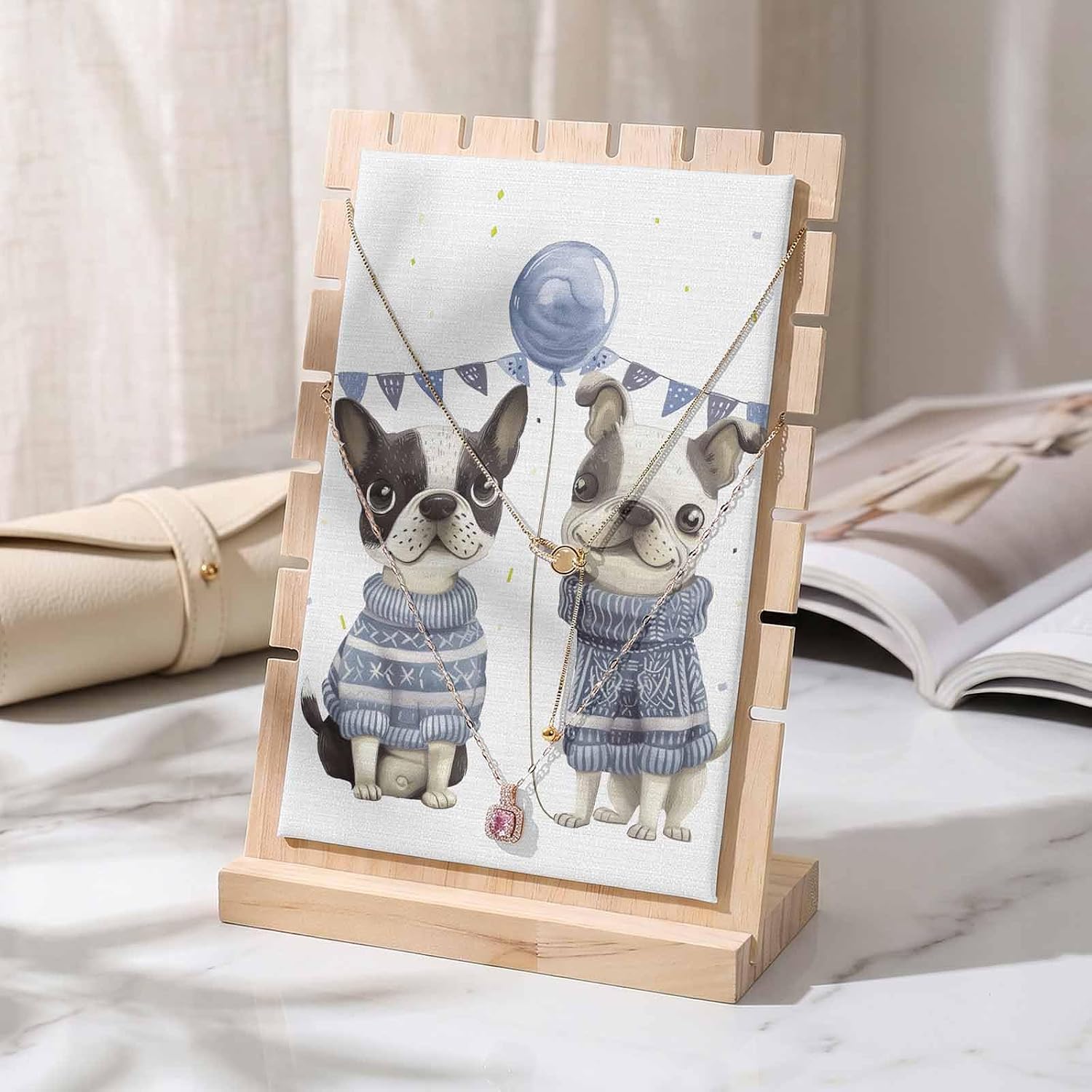 Necklace Display Stand Cute Pet Dog Bulldog with Sweater Detachable Necklace Holder Jewelry Display Storage, Balloon Flag on Burlap Wooden Jewelry Organizer for Selling 7x3x9in