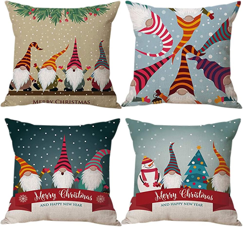 Zivisk Christmas Gnome Pillow Covers 18 x 18 Set of 4, Christmas Decorations Swedish Tomte Throw Pillow Case for Indoor, Home, Office, Couch, Bedroom, Car, Winter Holiday Decor Gift