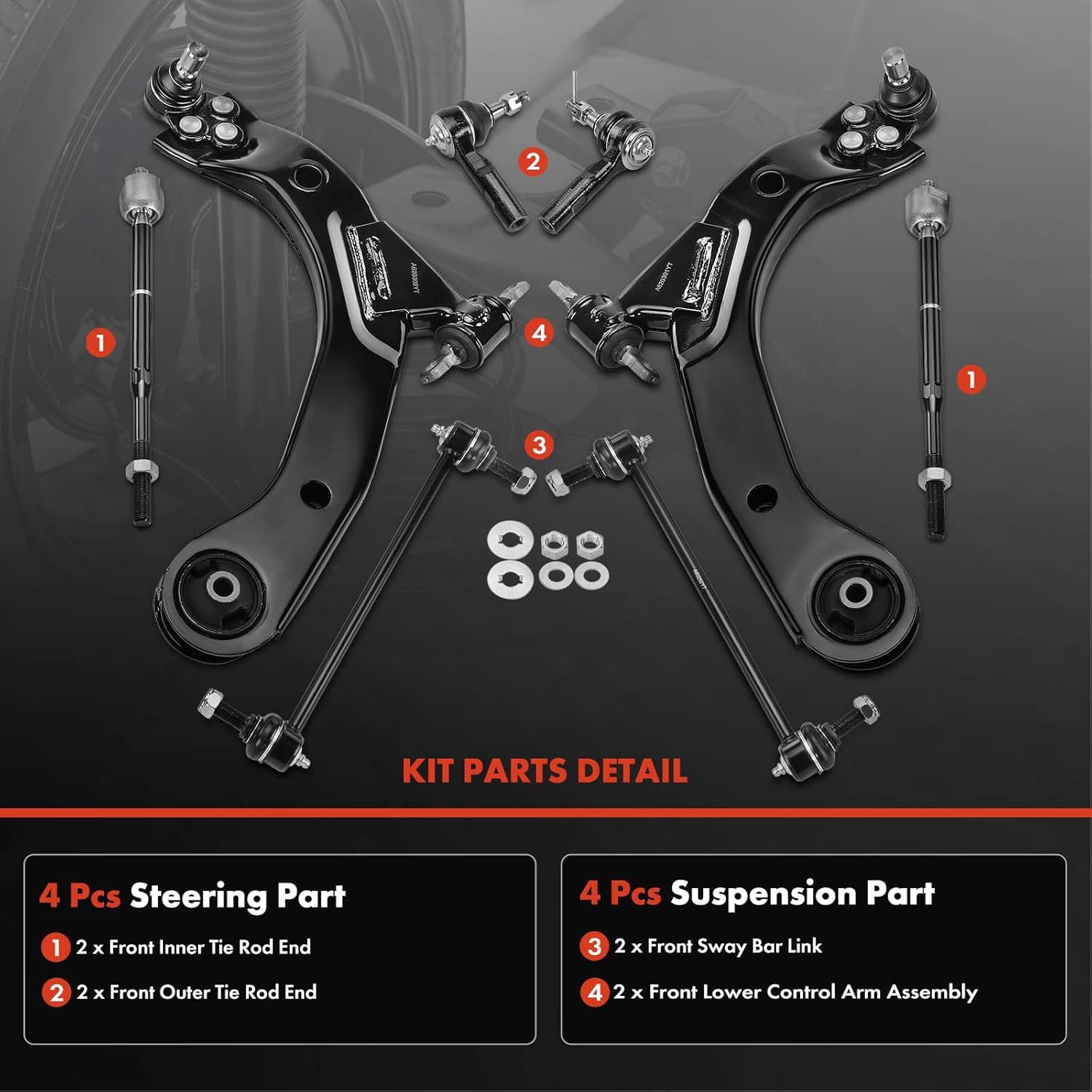 A-Premium Set of 8, Front Lower Control Arm, Sway Bar Link, Inner Outer Tie Rod End, Compatible with Chevrolet HHR 08-10, Cobalt 05-10, Saturn Ion 03-07, Pontiac Pursuit 05-06, G5 07-10