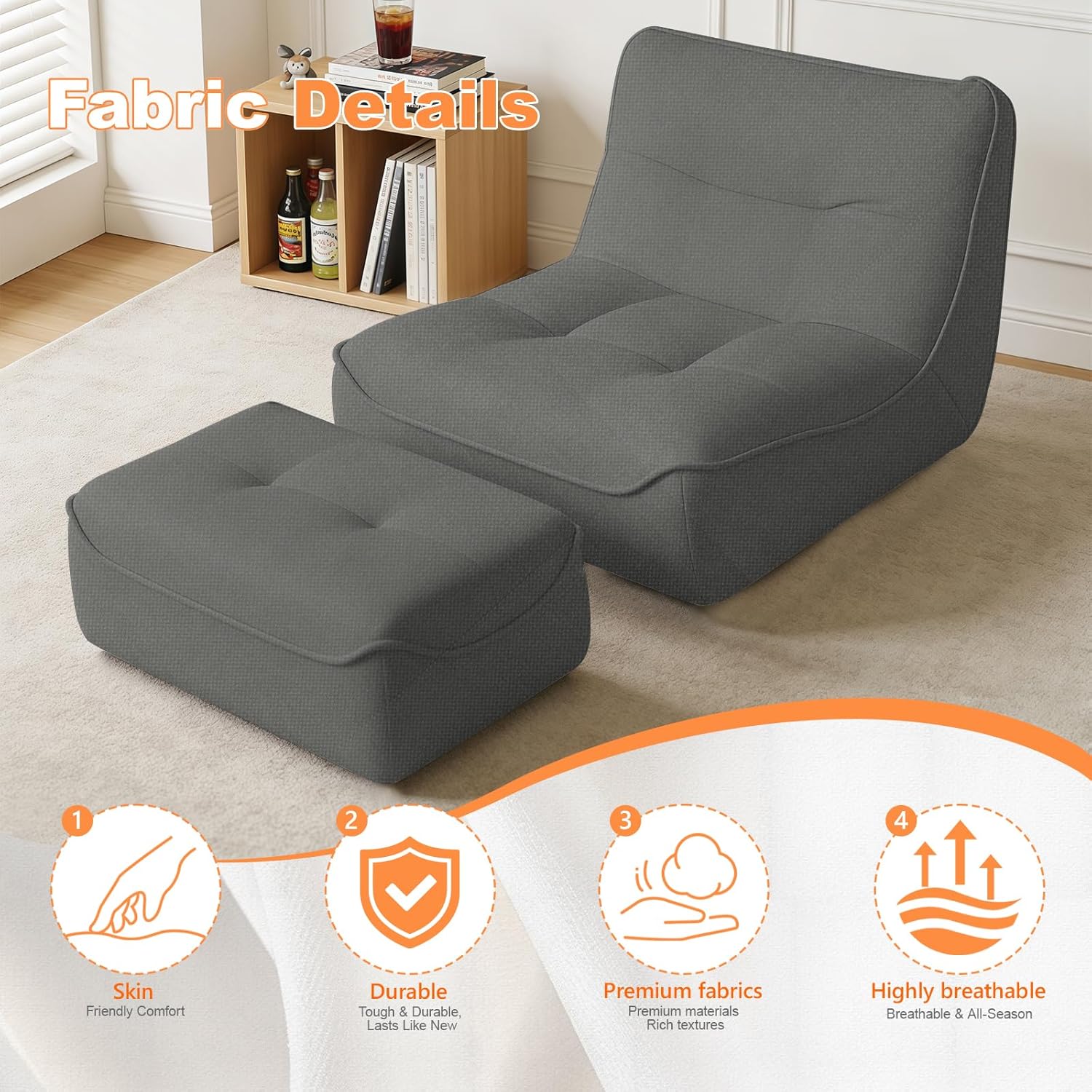 Large Bean Bag Chair with Ottaman for Adults, Chaise Lounge for Reading, Gaming, Lazy BeanBag Floor Sofa with Memory Foam Filled for Study Bedroom Living Room, Deep Grey