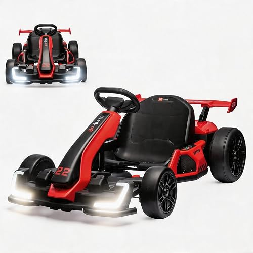 GarveeLife 24V Electric Go Kart for Kids，Powerful Drift Kart with 2 * 150W Motors, Adjustable Seat, 8 mph Speed, Led Lights ，Outdoor Riding Toy for Children Ages 6-15,Red