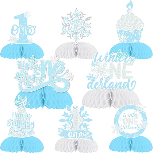 Fangleland 8 centros de mesa de panal de copo de nieve azul para primer cumpleaños, 1er cumpleaños 3D decoraciones de mesa para niños de invierno de