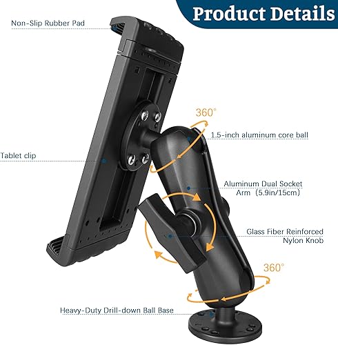 Miniatura 2 de Soporte de tableta resistente, base de taladro de aluminio de 1.5 pulgadas, compatible con tabletas de 7.5 a 13 pulgadas, soporte industrial para
